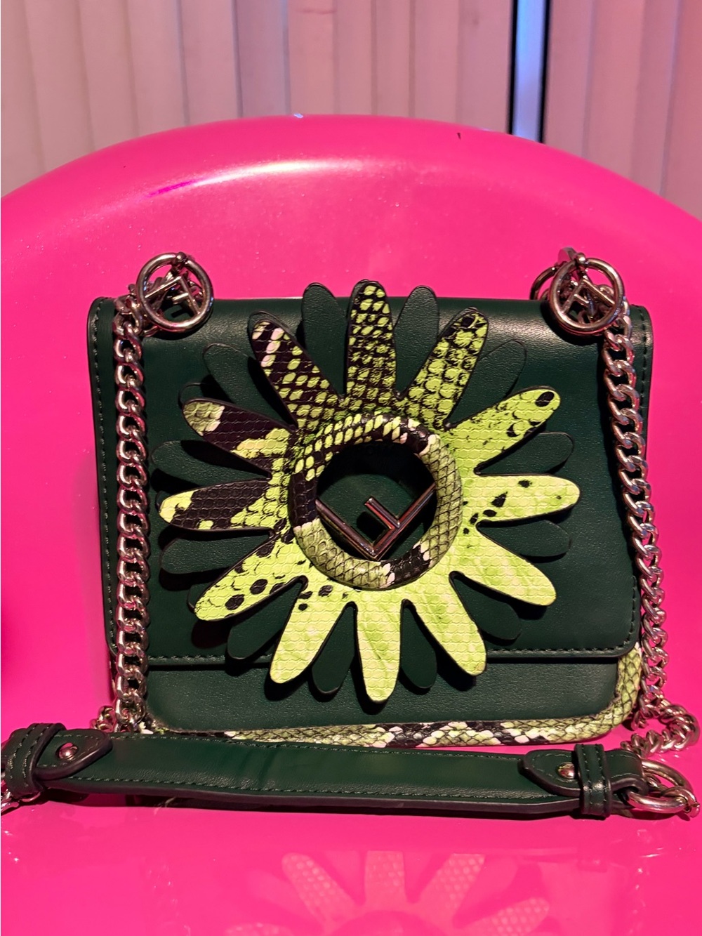 Dark Green Crossbody Bag with Neon Floral Accent